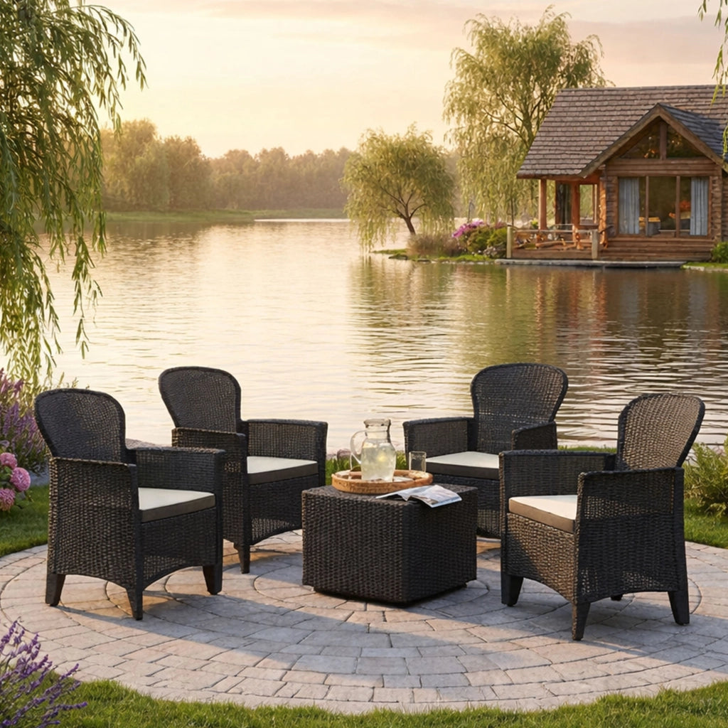 Set salotto da esterno Sulzano, Salottino outdoor o indoor, 4 poltrone con braccioli con un tavolino contenitore, Made in Italy, Antracite