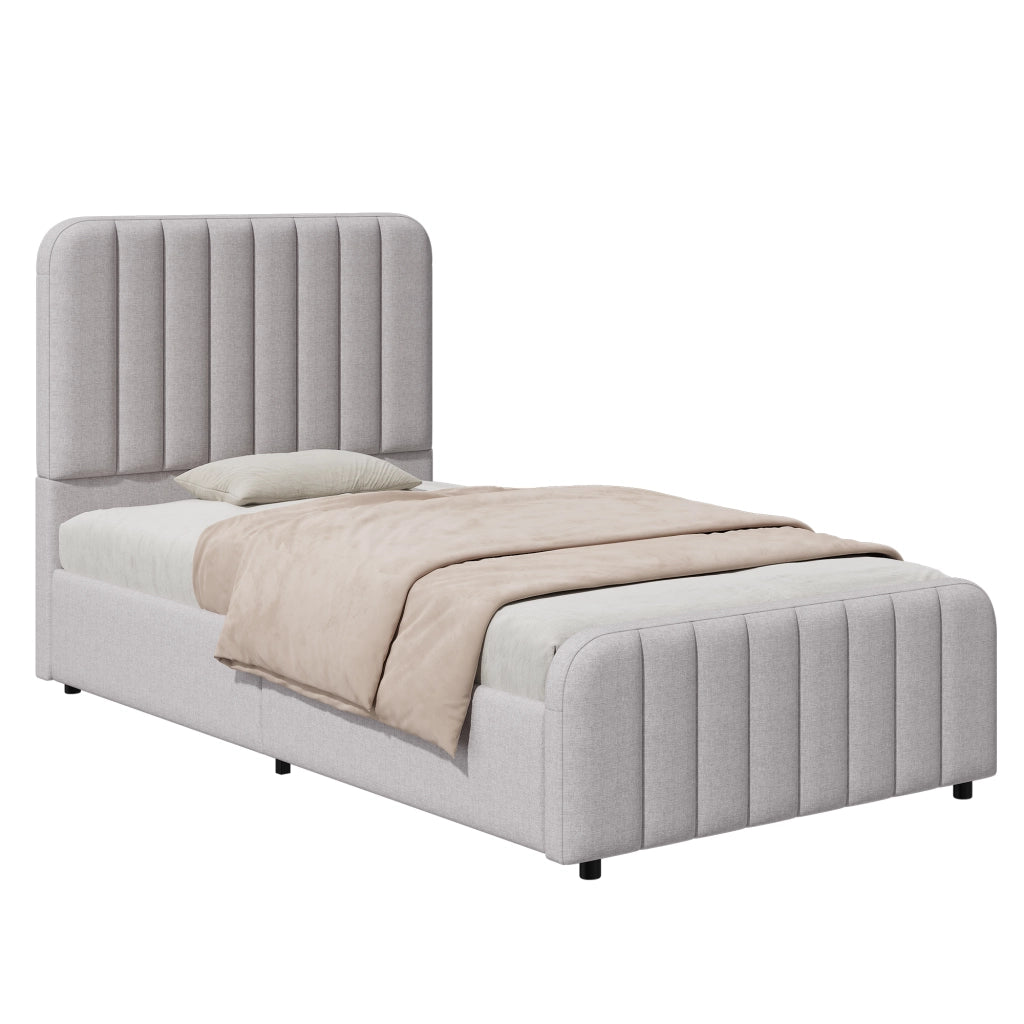 Letto imbottito singolo 90x200 cm con rete a doghe, contenitore idraulico, testiera e struttura in lino grigio