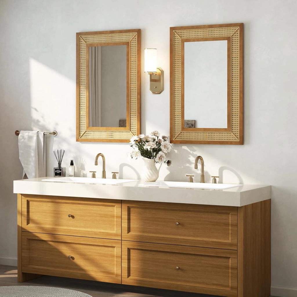 Specchio Rattan 90x60 cm, Decorativo Rettangolare con Cornice Legno, per Bagno/Soggiorno/Ingresso - Verticale/Orizzontale