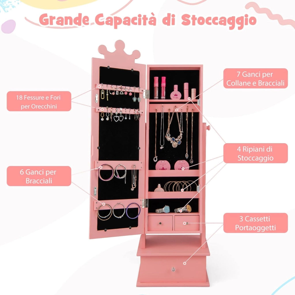 Armadio Gioielli per Bambini con Specchio, Armadietto Portagioie da Terra per Bambini con 3 Cassetti, per Bambini 3+ Anni, Ideale per Camera da Letto