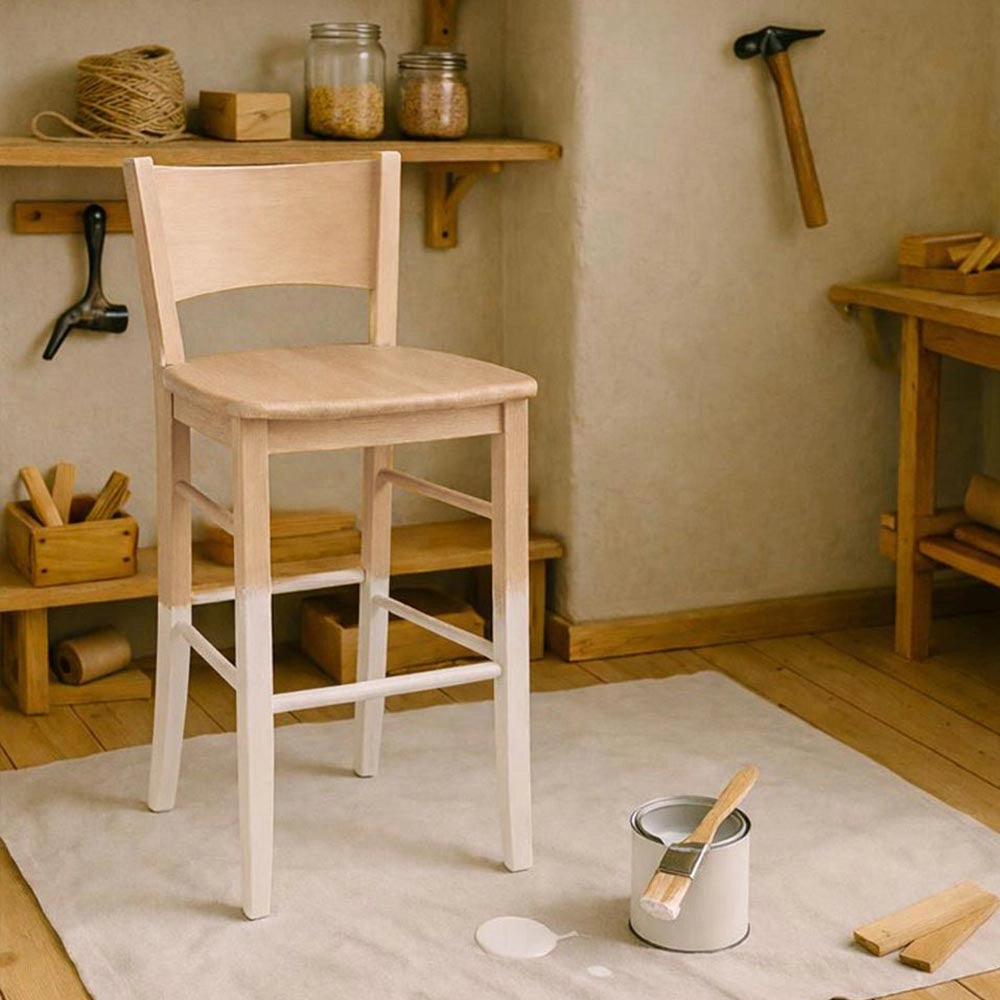 Sgabello Lucy in legno di faggio grezzo da verniciare con seduta in massello H73
