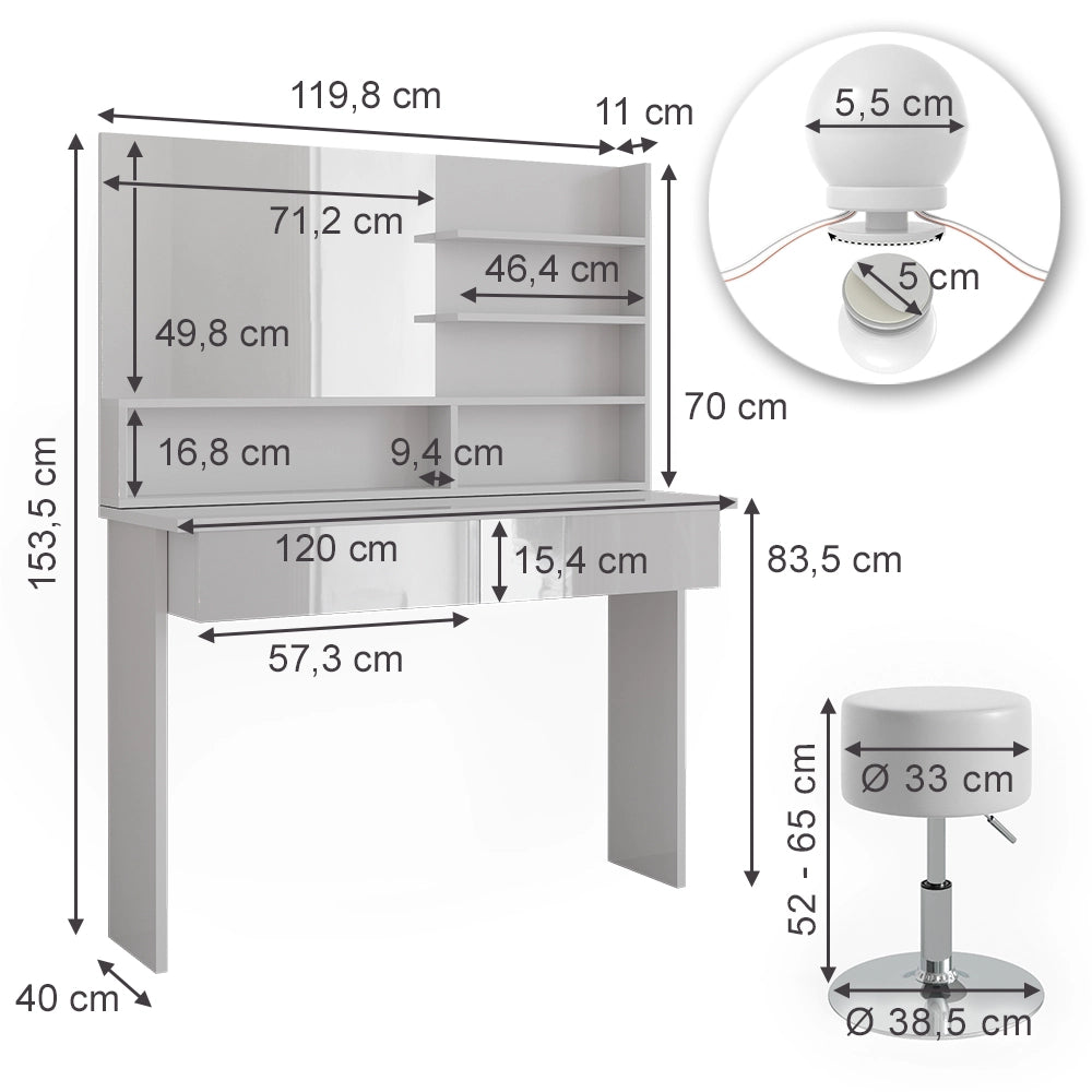 Vicco Tavolo da toeletta Bianco 120 cm con illuminazione a LED e sgabello
