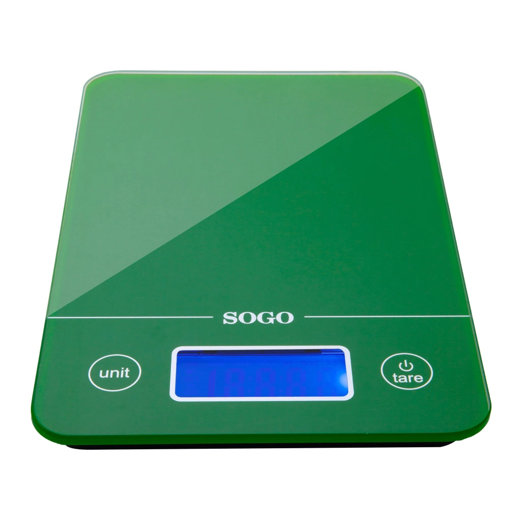 Bilancia da cucina digitale 5kg con display LCD retroilluminato, graduazione 1g, funzioni tara e zero, corpo in vetro colorato - SOGO