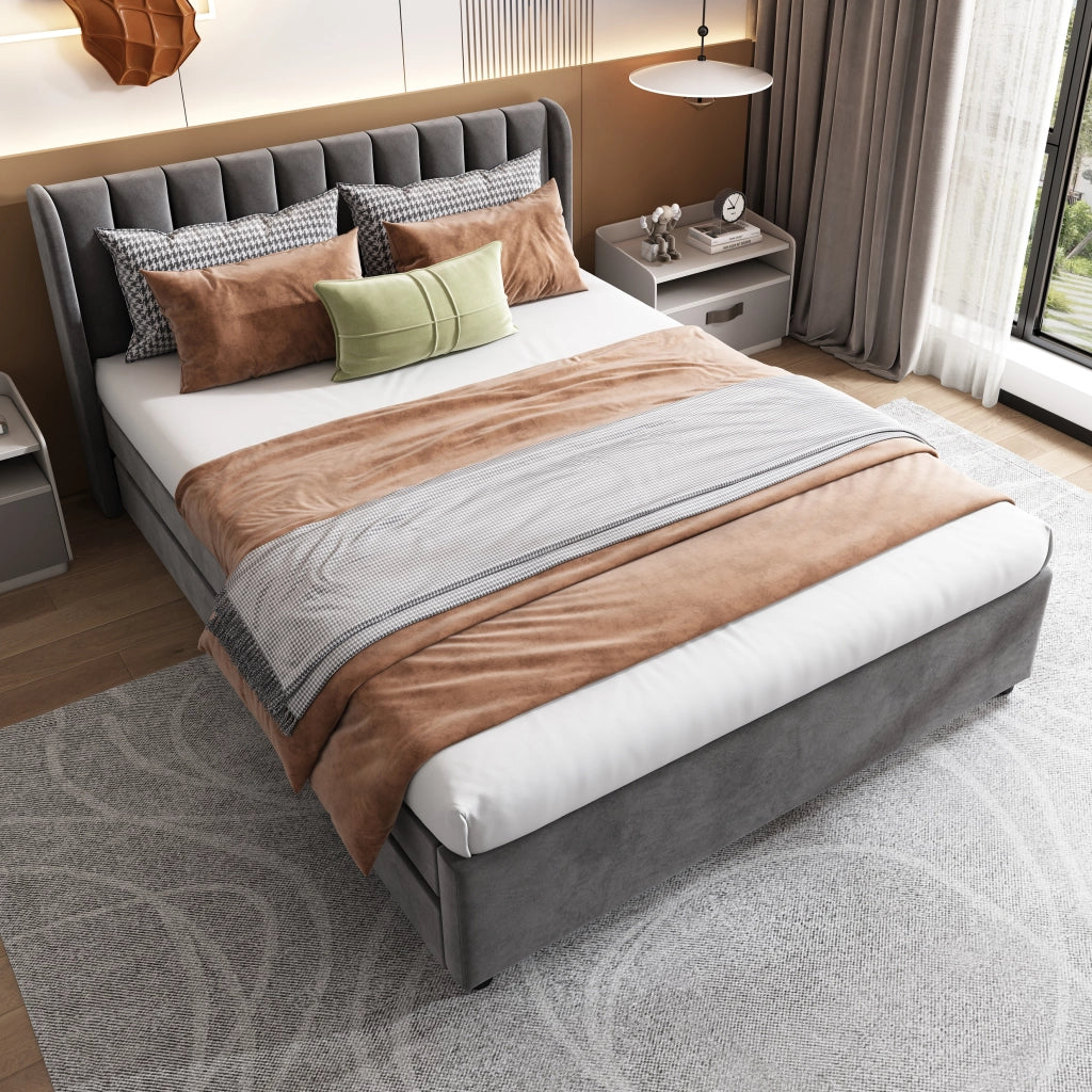 OKWISH Letto con Cassetti 140×200 cm, Letto Matrimoniale con 2 Cassetti e Testiera Imbottita, senza Materasso, in Velluto, Grigio