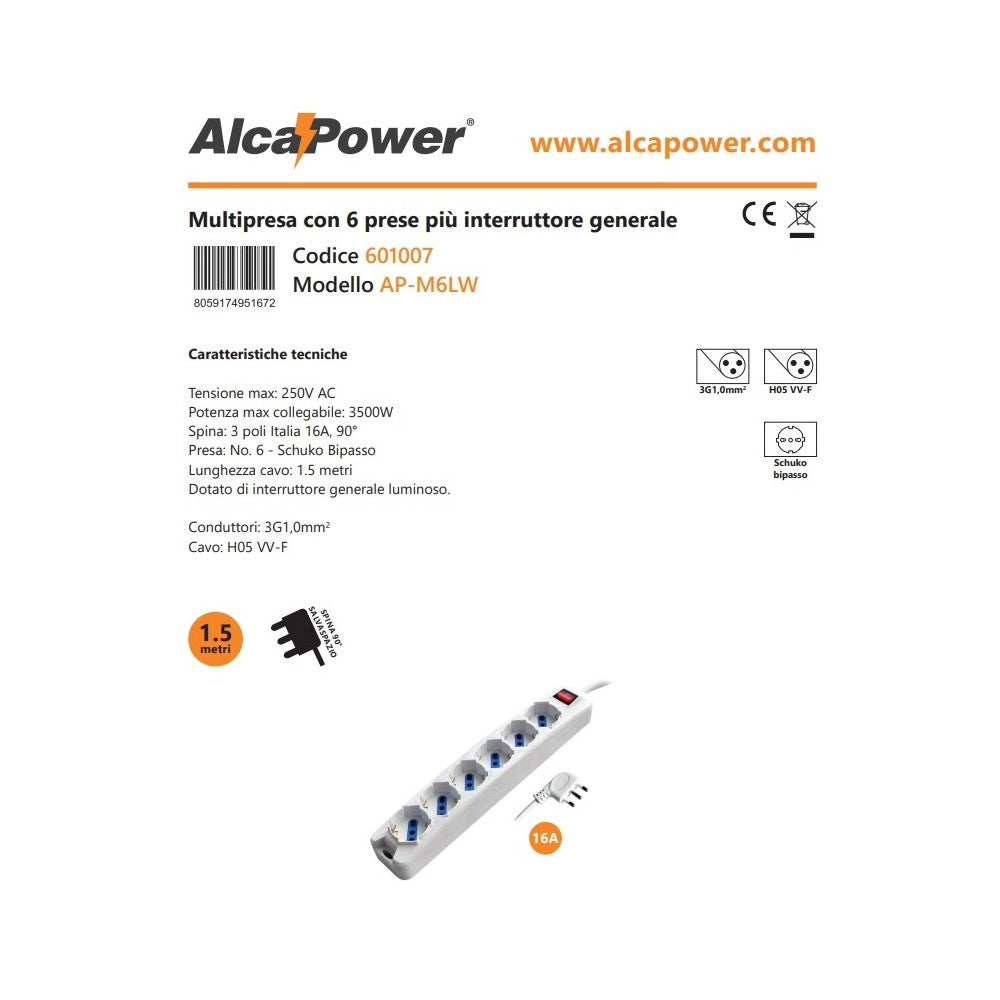 Alca power multipresa bianca con 6 prese universale spina a 90° cavo da 1,5mt con interruttore