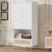 Armadio bianco con cassetto in rattan 80x48x175 cm