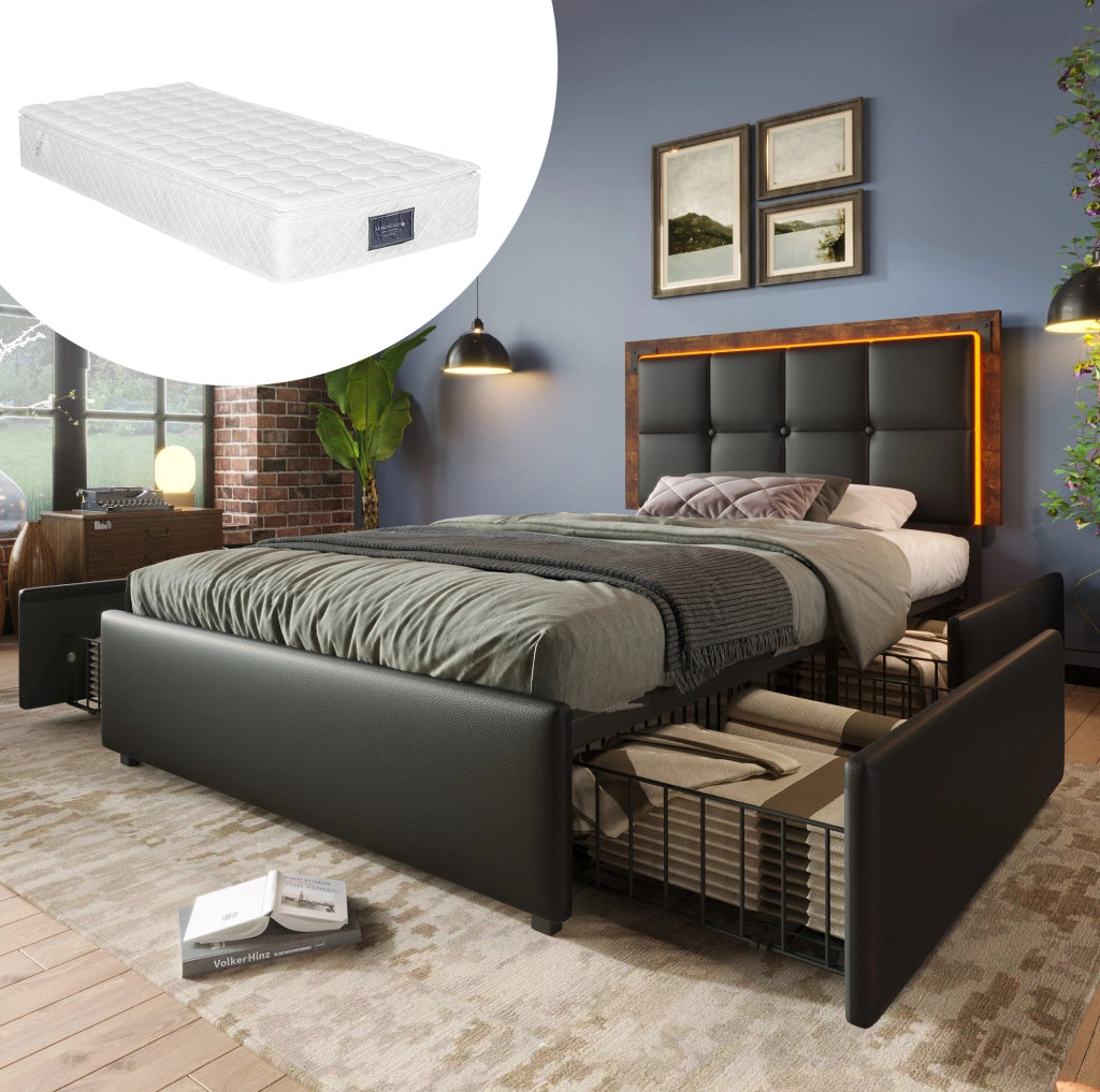 Letto singolo imbottito 90x200 cm in PU nero con LED; testiera regolabile e 4 cassetti