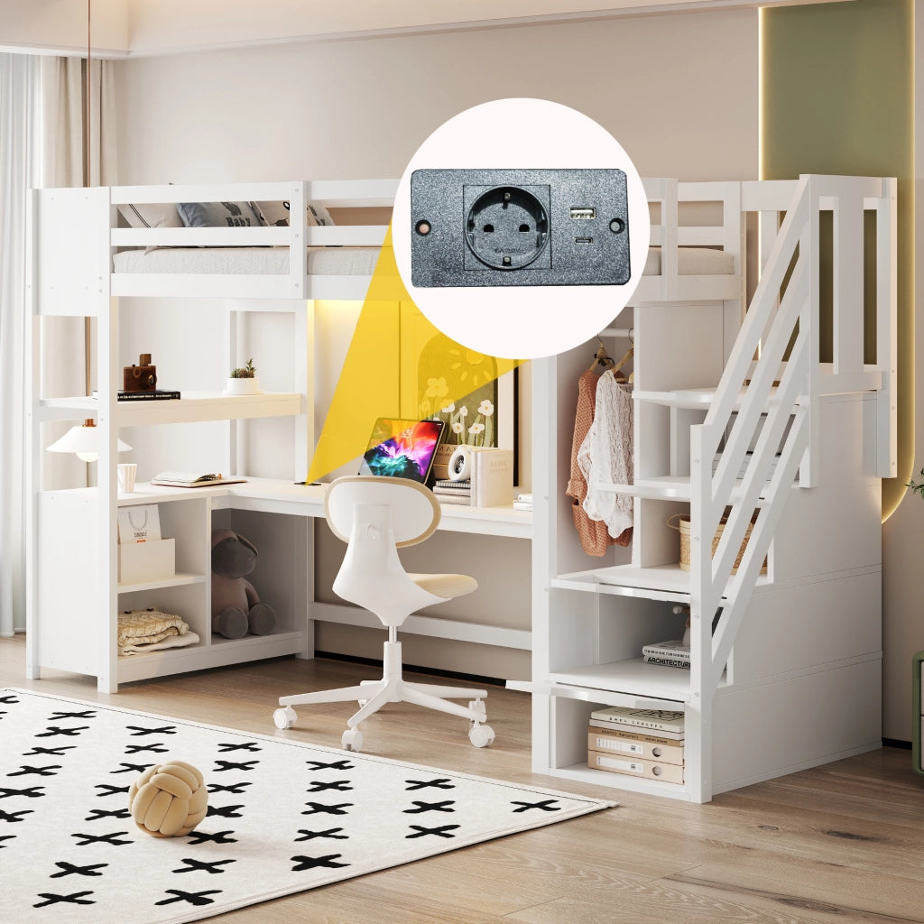 OKWISH Letto a soppalco 90×200 cm, Letto Singolo con Scrivania, Armadio, LED Multicolore, Prese e Mensole, senza Materasso, Bianco