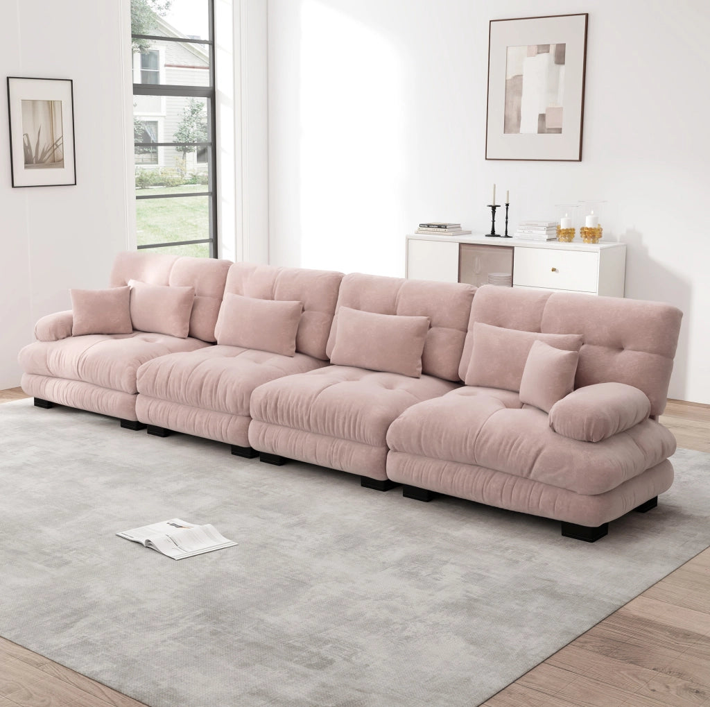 Divano angolare modulare 4 posti con seduta profonda in chenille rosa