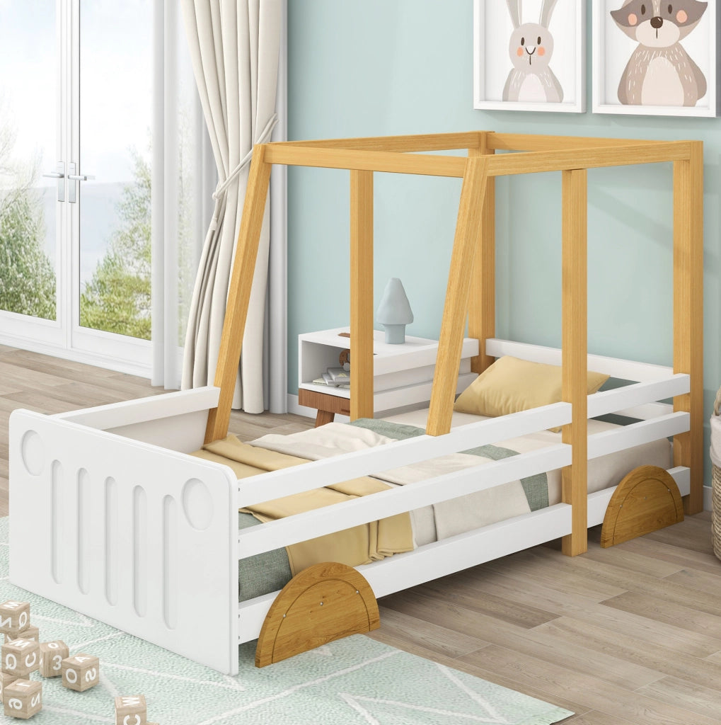 Letto a forma di auto 207.5x95x124 cm con sponde di protezione in legno bianco; naturale e marrone
