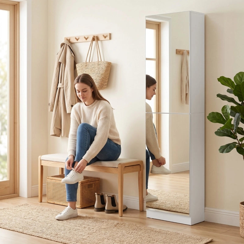 Scarpiera stretta con specchio, 5 ripiani e vano inferiore, chiusura ammortizzata per ingresso, 50 × 20 × 180 cm, bianco