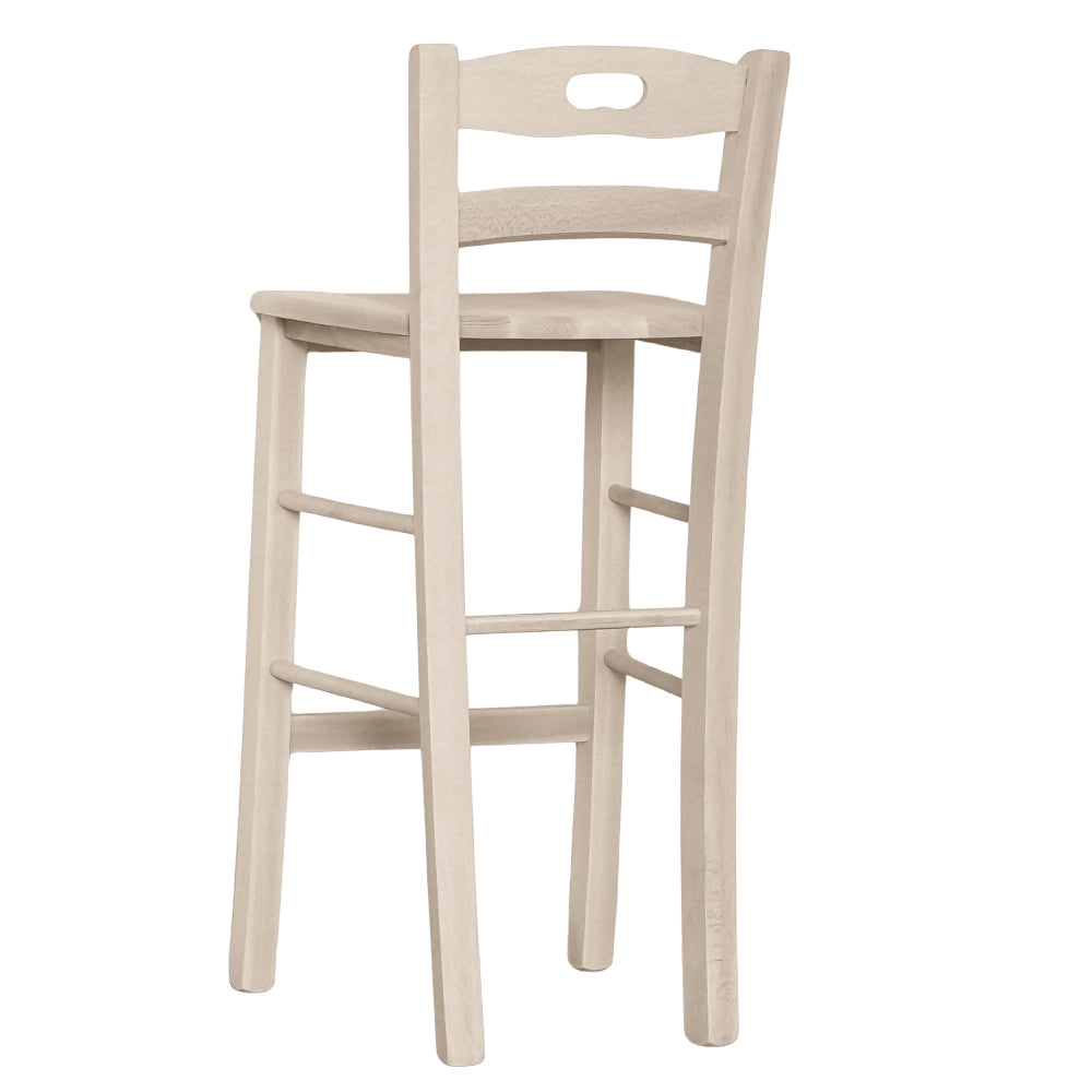 Sgabello in legno grezzo con schienale h 66 cm con seduta in legno massello