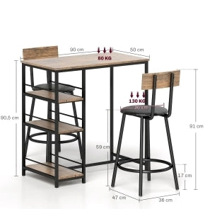 Set tavolo alto 90x50x90.5 cm con 2 sgabelli; salvaspazio; acciaio; rovere