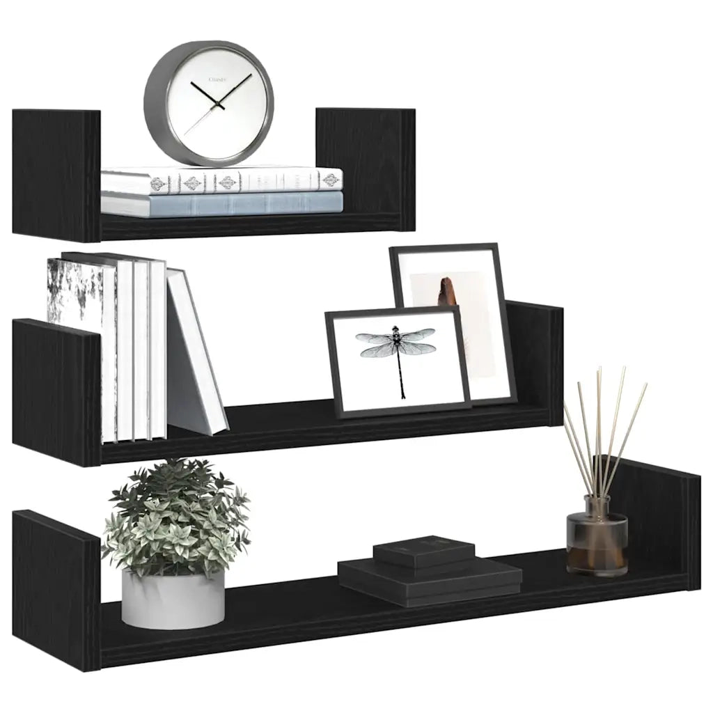 Mensole Parete 3pz Rovere Nero in Legno Multistrato 862405