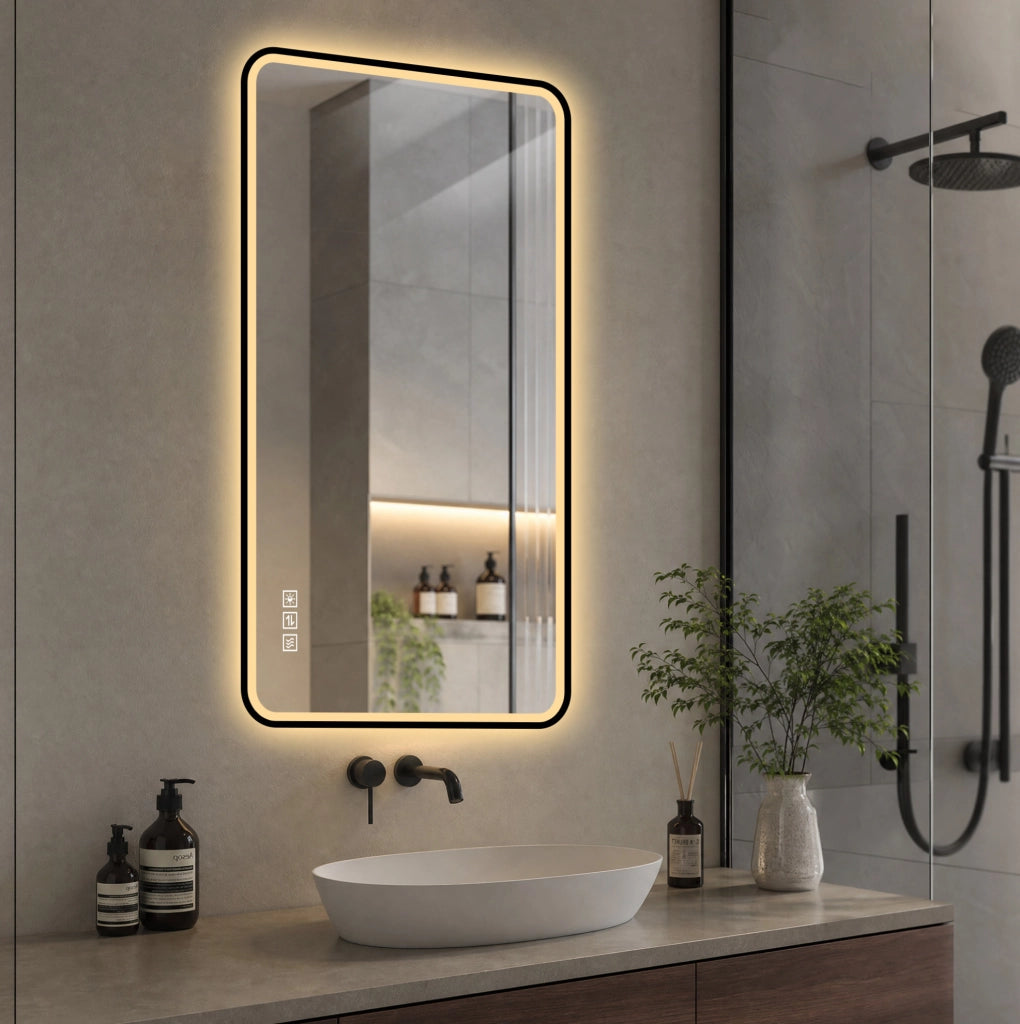Specchio da bagno LED nero con antiappannamento e dimmer