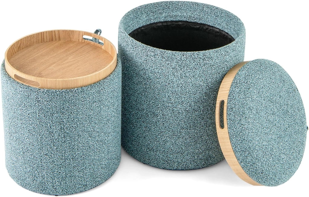 Set di 2 pouf con vano portaoggetti, sgabello rotondo con vassoio/coperchio reversibile, pouf imbottito in tessuto, poggiapiedi con manici laterali, sgabello multifunzione blu cielo
