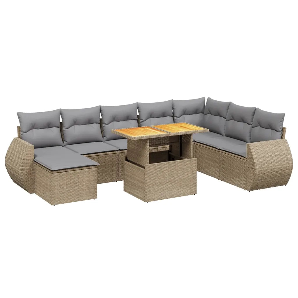 Set Divano da Giardino 9 pz con Cuscini Beige in Polyrattan
