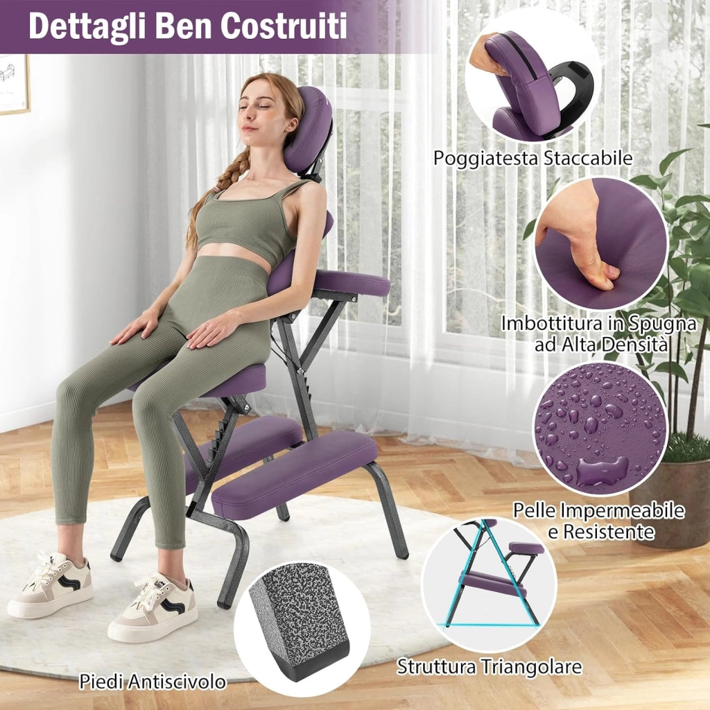 Sedia da Massaggio Pieghevole e Leggera, per Viaggi Tatuaggi e SPA, Sedia da Massaggio con Altezza Regolabile con Poggiatesta e Borsa da Trasporto (Viola)
