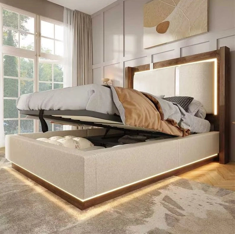 Letto singolo contenitore 90x200 cm con LED e rete a doghe in lino beige e noce HOMVRA