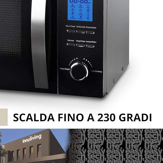 Innoliving Forno a Microonde 23 Litri INN-862S, 800W con Grill, 5 Livelli di Potenza, Funzione Scongelamento, Timer 60 Minuti, Design Elegante in Acciaio, Perfetto per Riscaldare, Cuocere e Scongelare