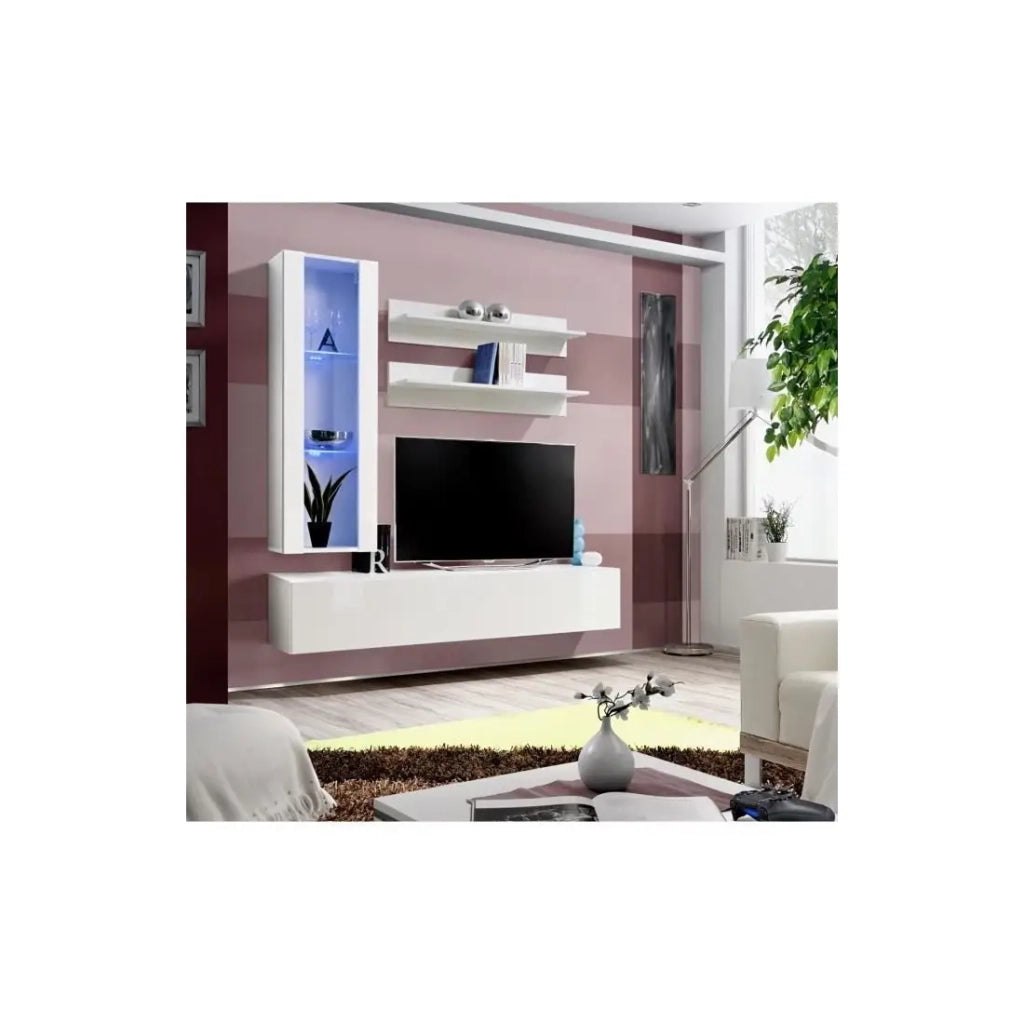 Mobile TV FLY H2 design, colore bianco lucido. Mobile sospeso moderno e alla moda per il tuo soggiorno.