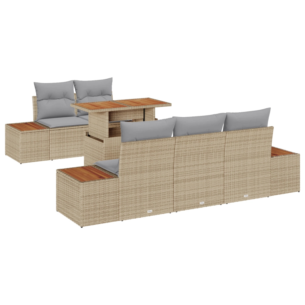 Set da Pranzo per Giardino 6 Pezzi con Cuscini Beige Polirattan Acacia