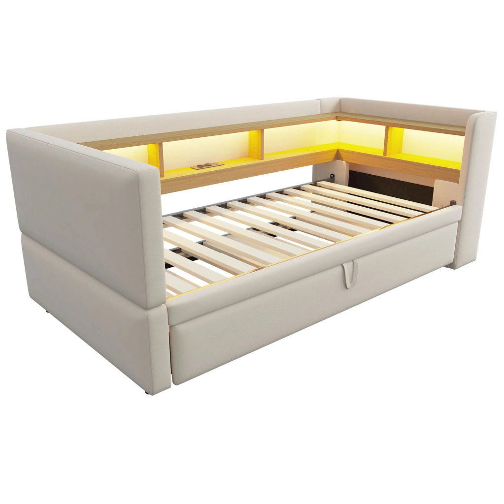 Divano letto imbottito convertibile con scomparti portaoggetti; LED e prese; 90/180 x 190 cm; beige