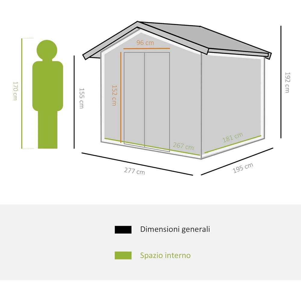 CASETTA BOX PORTA ATTREZZI CAPANNO GIARDINO BASE E DOPPIE PORTE SCORREVOLI 277×195×192cm IN ACCIAIO VERDE OUTSUNNY 845-031GN