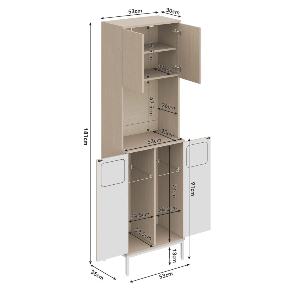 Credenza cucina 53x35x181 cm con vano rifiuti e ripiani regolabili in MDF bianco
