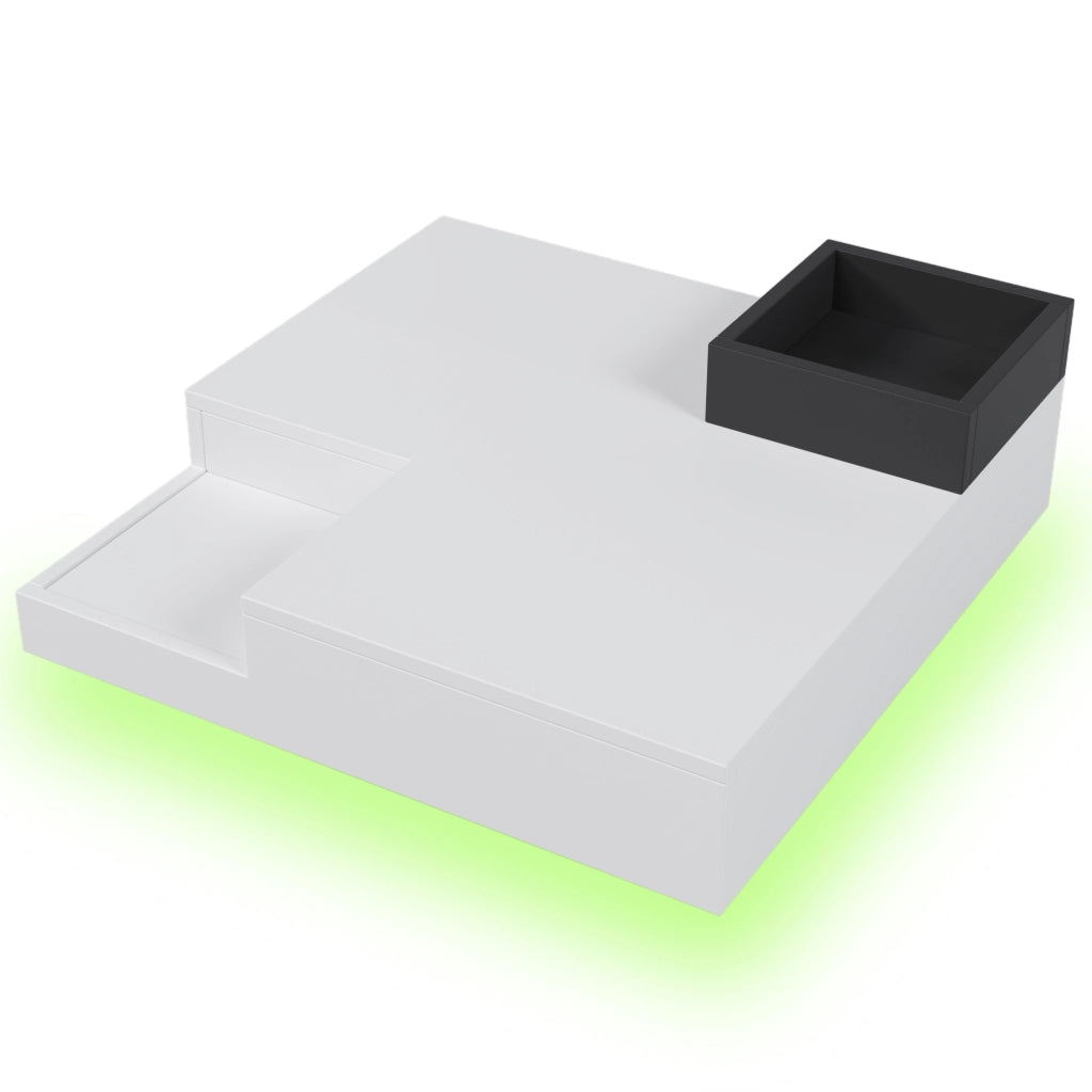 Tavolino da Salotto con LED e Box Contenitore ¨C Xylo ¨C Bianco e Nero Lucido, 72x72x30 cm
