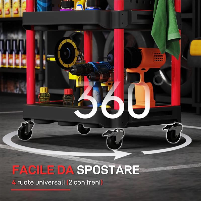 CARRELLO PORTA ATTREZZI A 3 LIVELLI IN PLASTICA CON PANNELLO FORATO LATERALE, NERO E ROSSO