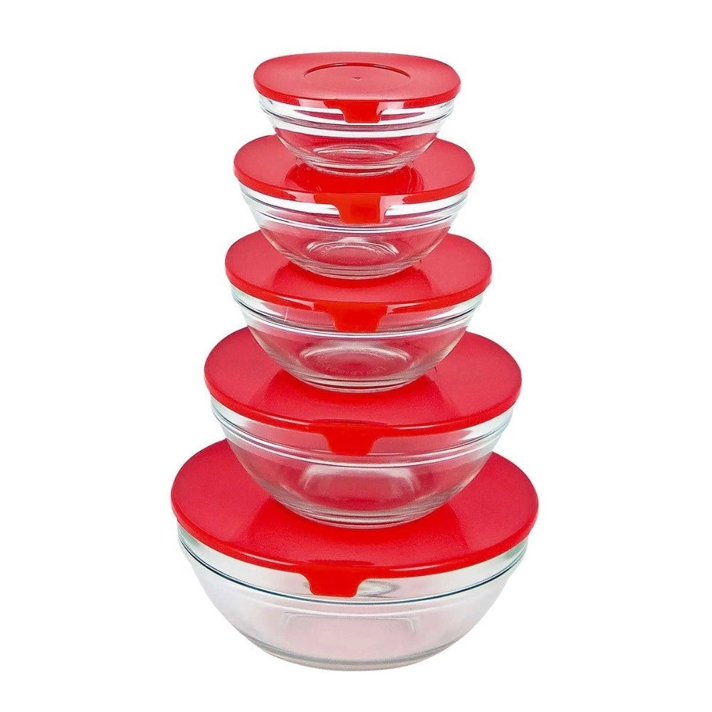 Trade Shop - Set 5 Pezzi Contenitori Ciotola Ciotole Scodella Vetro Tappo Microoonde Freezer -