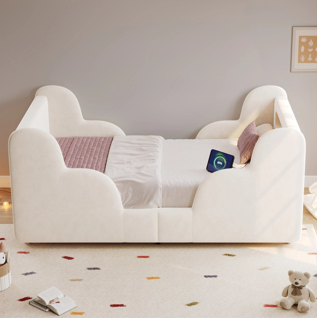 Letto per bambini 90x200 cm con sponde imbottite; luce notturna; USB C; velluto beige