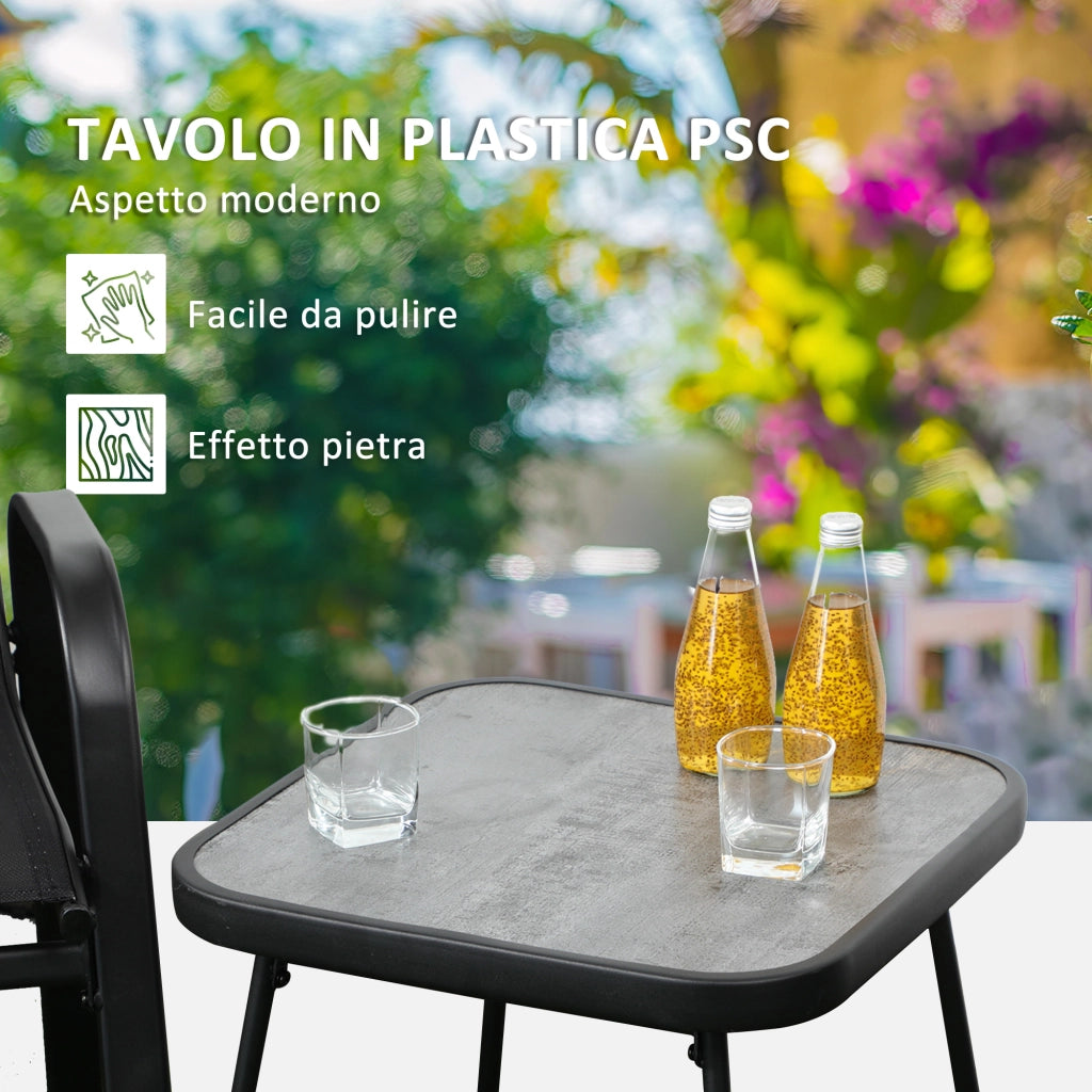 Easycomfort Set da Giardino 3 Pezzi con Tavolino e 2 Sedie Impilabili, in Acciaio e Tessuto Traforato, Nero