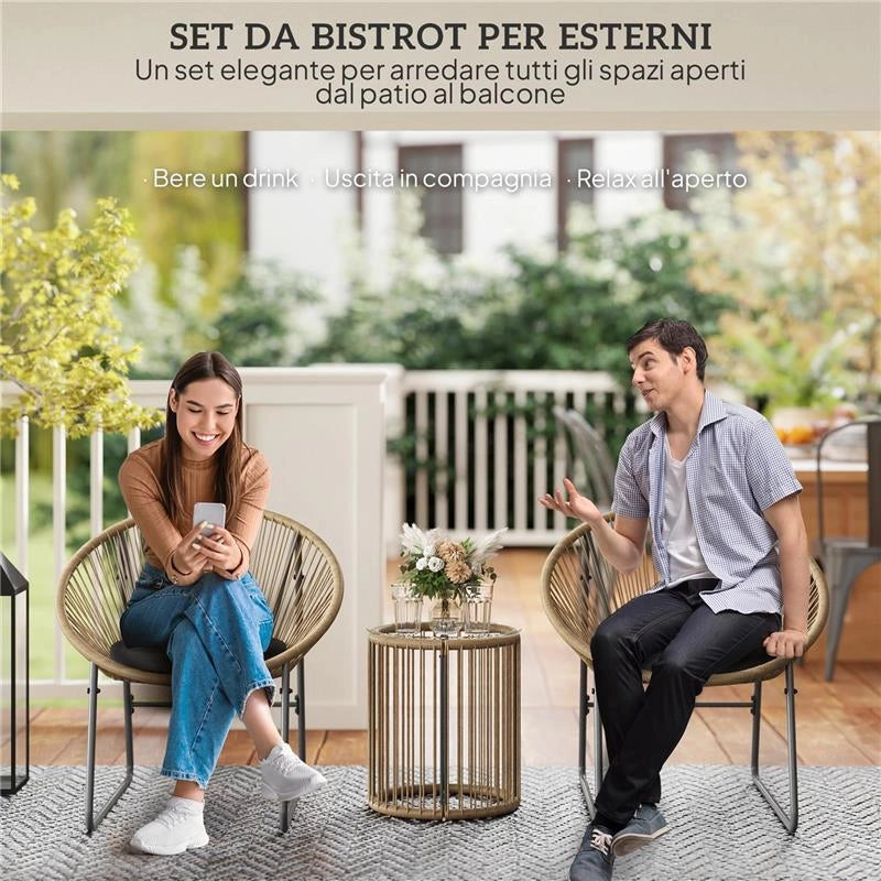 SET DA GIARDINO 3 PEZZI IN RATTAN E ACCIAIO CON 2 SEDIE CON CUSCINI E TAVOLINO DA CAFFÉ A CILINDRO MULTICOLORE