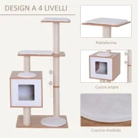 Tiragraffi Gatto Altezza 120cm con Cuccia Piattaforme e Giochi Sisal, MDF 71.5x49.5x120cm legno, bianco