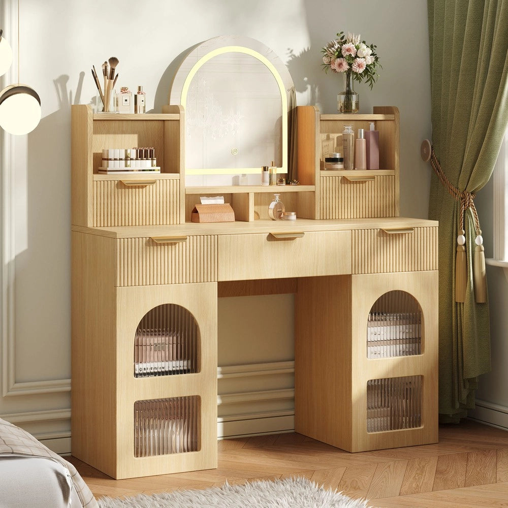Tavolo Trucco con Specchio e LED ¨C Xylo ¨C 3 Cassetti, 2 Ante, Legno, 120x40x139.5 cm