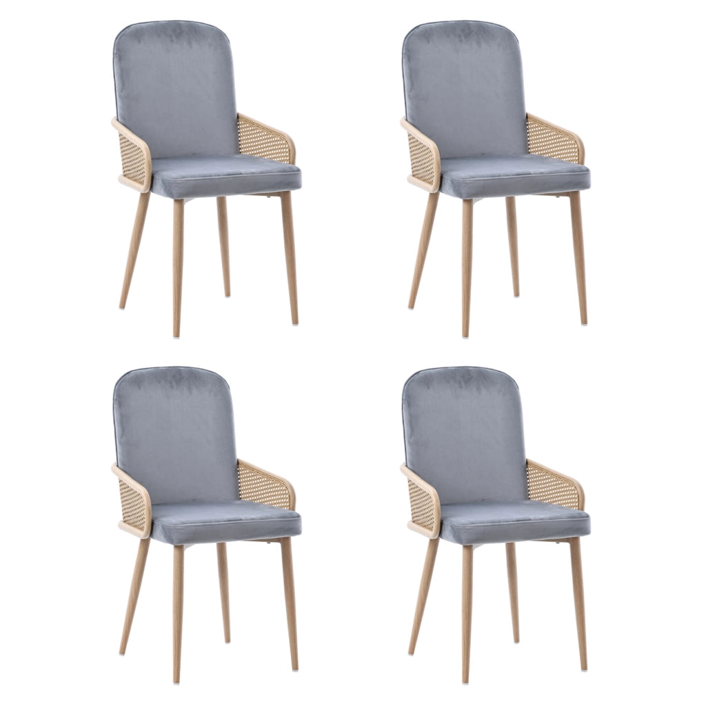 Set di 4 sedie da pranzo in velluto con design rattan e gambe in metallo grigio