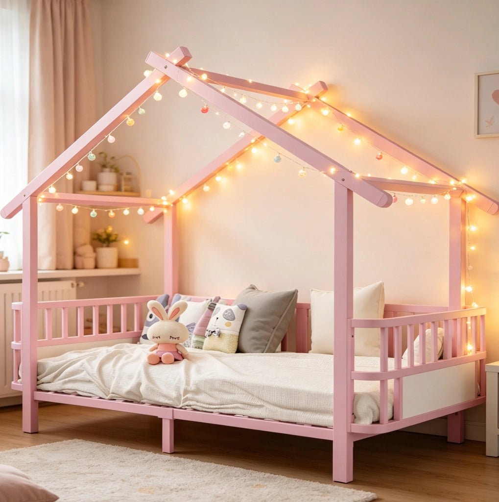 Letto a forma di casa 90x200 cm con sponde di sicurezza in metallo rosa