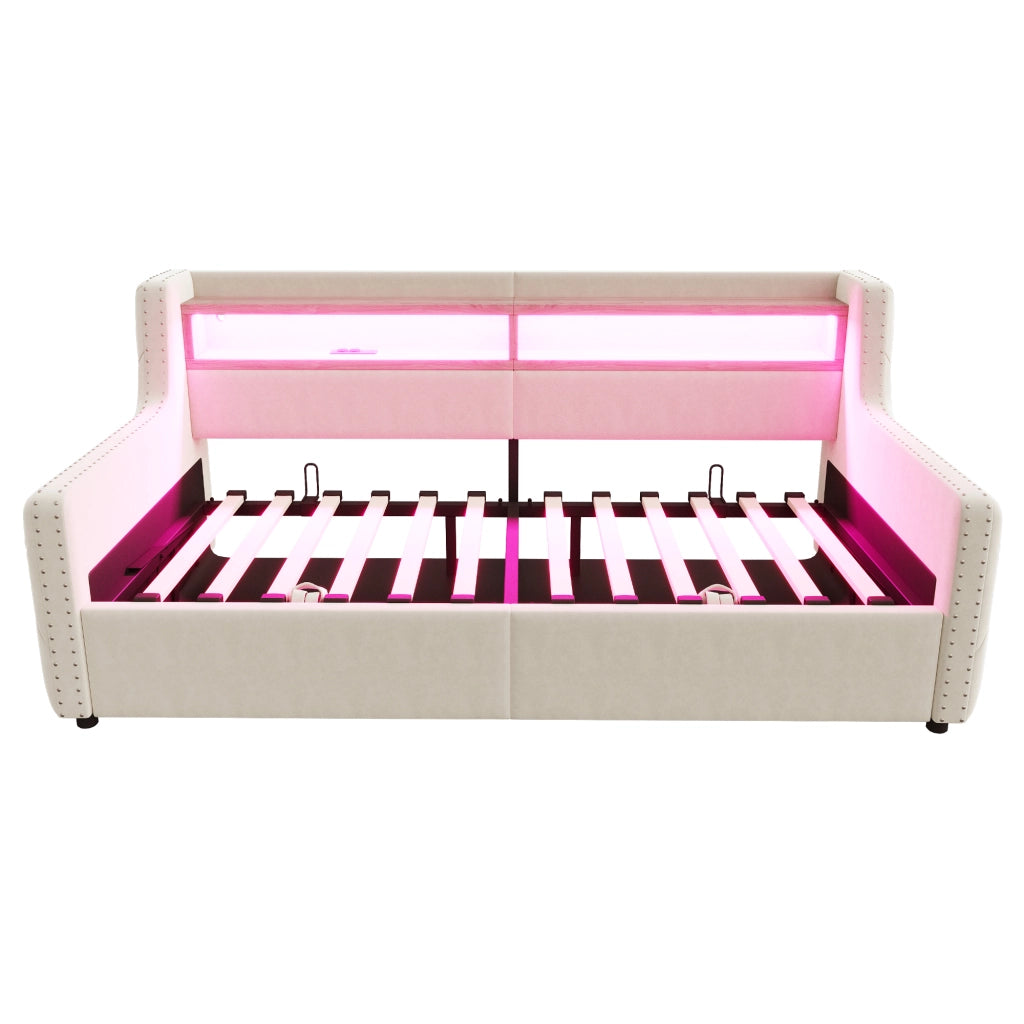 Letto imbottito singolo 90×200 cm con contenitore; LED; ripiano e prese USB Type-C; senza materasso; beige