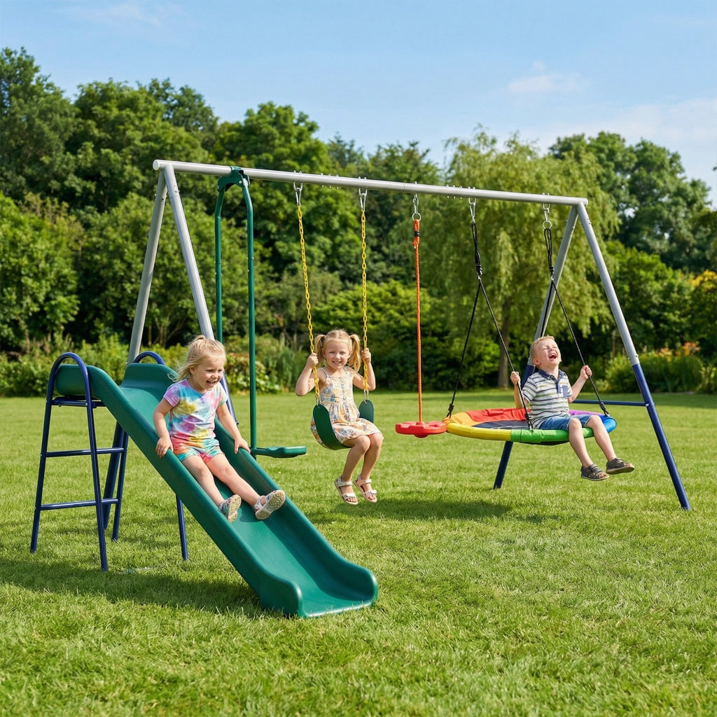 Altalena 5 in 1 con Scivolo e Altalena Nido ¨C zephmum ¨C 382x196x203 cm Multicolore