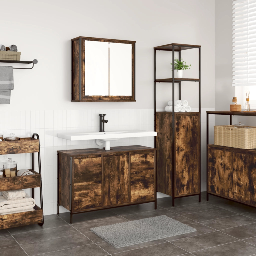 Set di mobili da bagno a 2 pezzi in rovere affumicato in legno ingegnerizzato