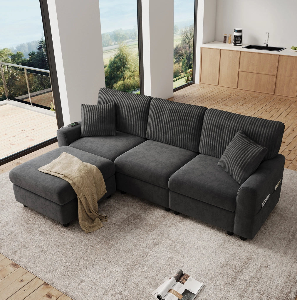 Divano con pouf; USB e Type-C; 223×146×84 cm; ciniglia e velluto a coste; grigio