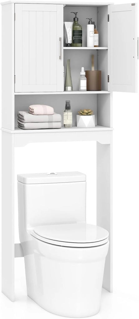 Mobile da Bagno Sopra WC 169 cm, Scaffale Salvaspazio con Doppie Ante e Ripiano Regolabile, Mobiletto Moderno in Legno per Bagni Piccoli e Lavenderia, 62 x 23 x 169 cm