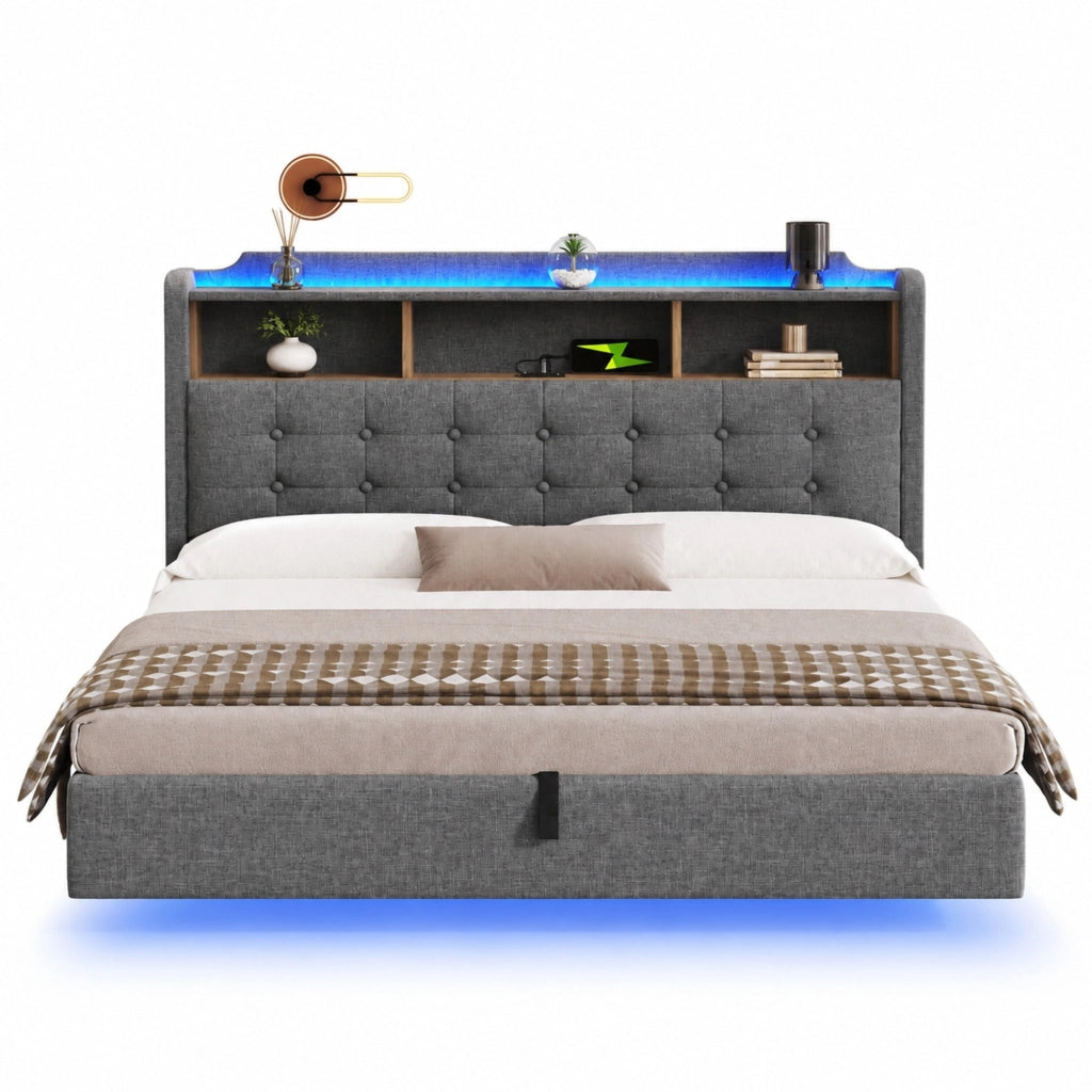 Letto matrimoniale imbottito 180x200 cm in lino grigio con LED; contenitore idraulico e USB