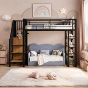 Letto a soppalco ULEVR 90x200 cm con scala contenitore, armadio e ripiani, struttura in metallo nera