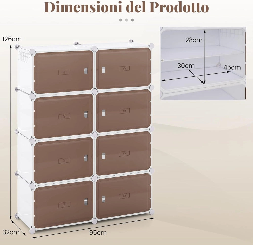 Scarpiera Salvaspazio a 8 Scomparti, Porta Scarpe da 32 Paia con Mensole Rimovibili, Ganci Laterali e Porte Magnetiche, Scatole per Scarpe Impilabile in Plastica (95×32×126 cm)