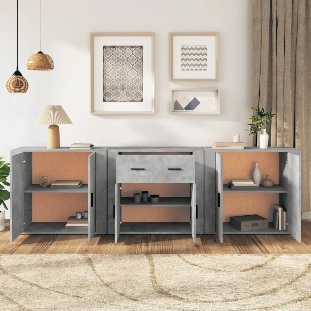 Credenze 3 pz | Madia | Buffet da pranzo | Armadio da pranzo Grigio Cemento in Legno Multistrato