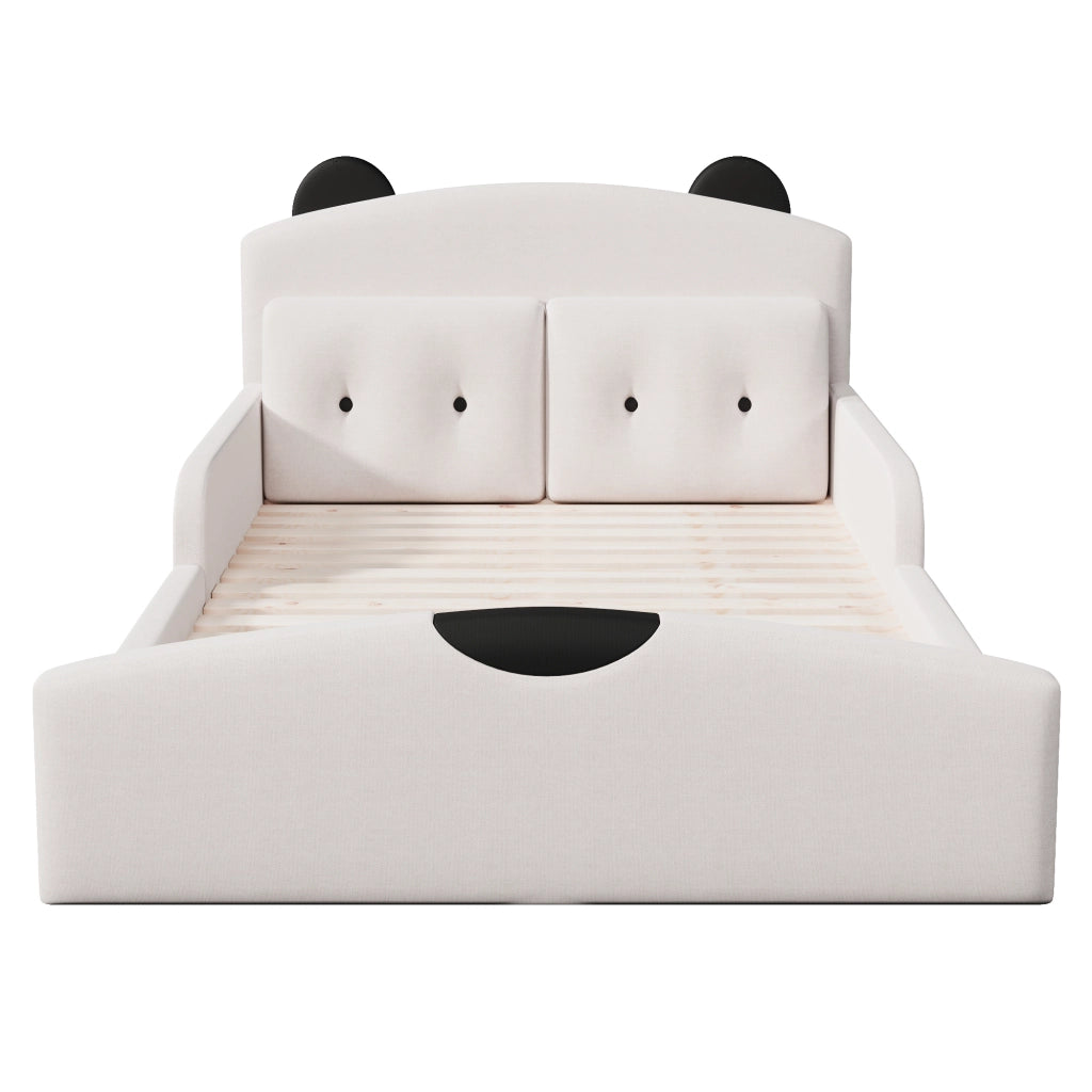 Letto matrimoniale 140x200 cm con testiera imbottita a forma di orso; 2 cuscini decorativi e rivestimento in lino bianco