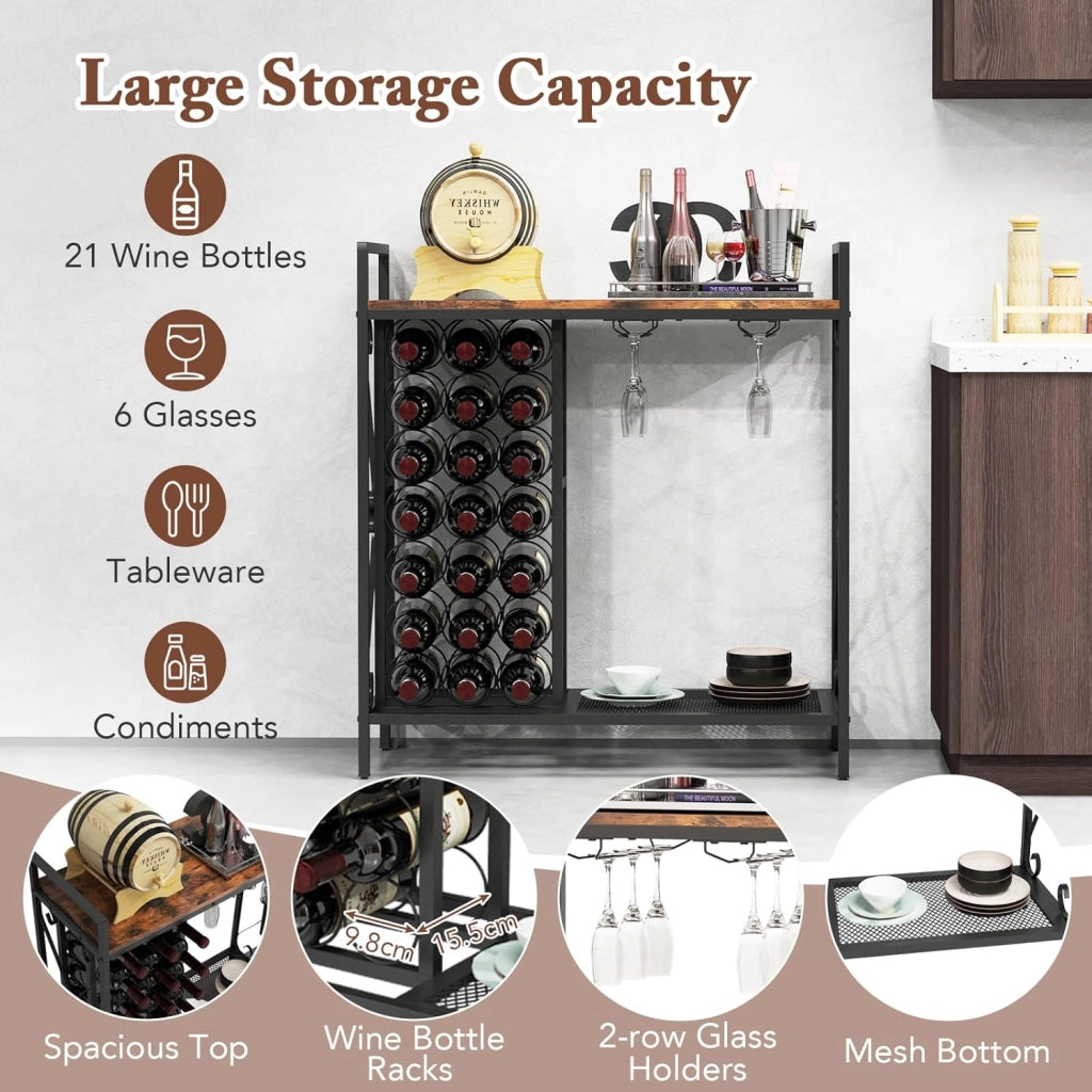 Armadietto porta vino con ripiano per 21 bottiglie e portabicchieri, grande vassoio e ripiano inferiore, 93 x 38 x 102 cm, mobile ausiliario per bar, cantina, sala da pranzo
